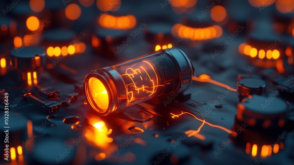 Poster glowing lightbulb on circuit board with battery connection