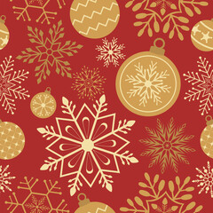 Christmas seamless pattern. Snowflakes and Christmas ball background design for decoration on Christmas card, banner, wrapping, wallpaper, textile, fashion.