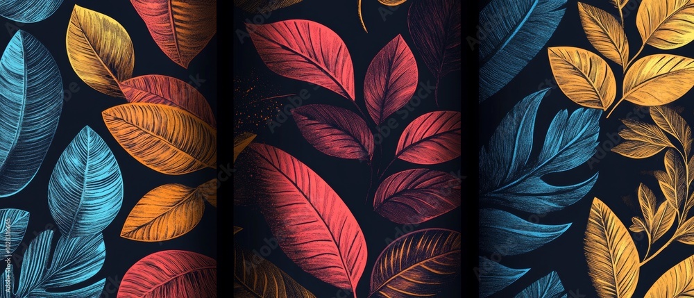 Poster three sets of leaves with different colors and patterns