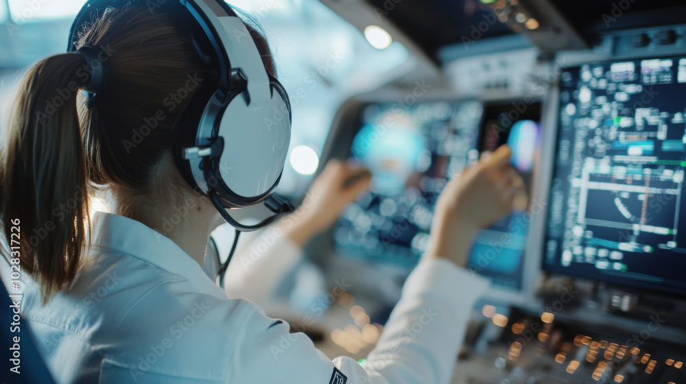 Aufkleber focused aeronautical engineer is debugging avionics software in modern cockpit, showcasing advanced 