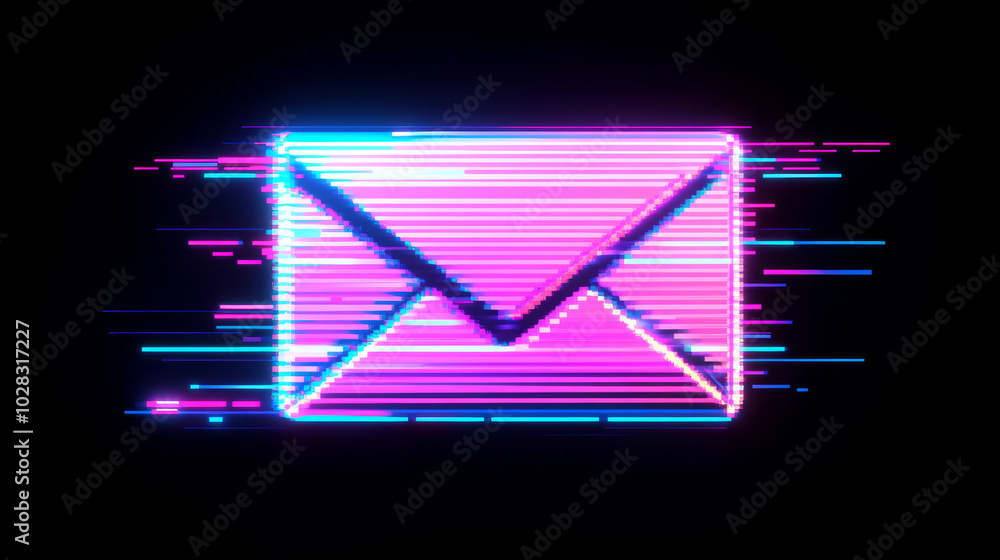 Poster a simple, 80s-style icon showing a glitched email envelope. the design uses thin lines and is easy t