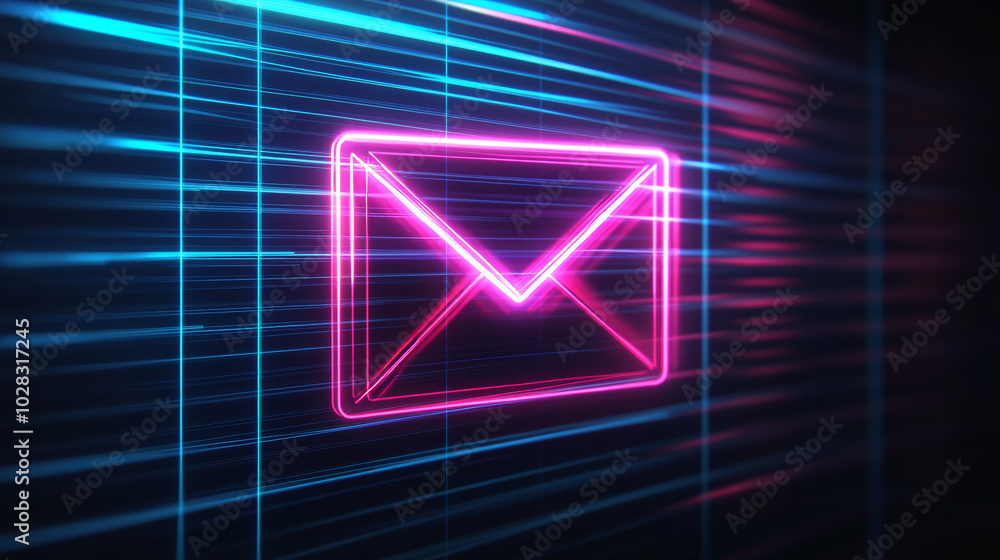Poster a simple, 80s-style icon showing a glitched email envelope. the design uses thin lines and is easy t