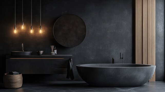 Contemporary modern bathroom interior in dark black colors and concrete elements.