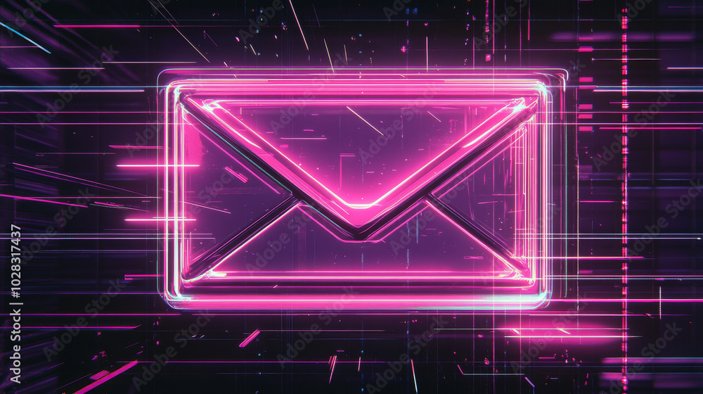 Poster a simple, 80s-style icon showing a glitched email envelope. the design uses thin lines and is easy t