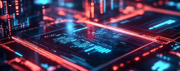 Fototapeta premium Holographic cryptocurrency, neon cyber city, futuristic atmosphere, digital finance