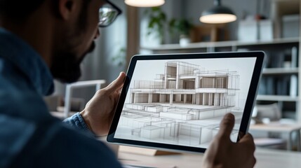 Architect Reviewing 3D Building Models on a Tablet Device
