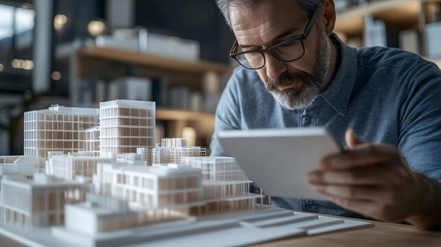 Architect Analyzing 3D Building Models Using a Digital Tablet