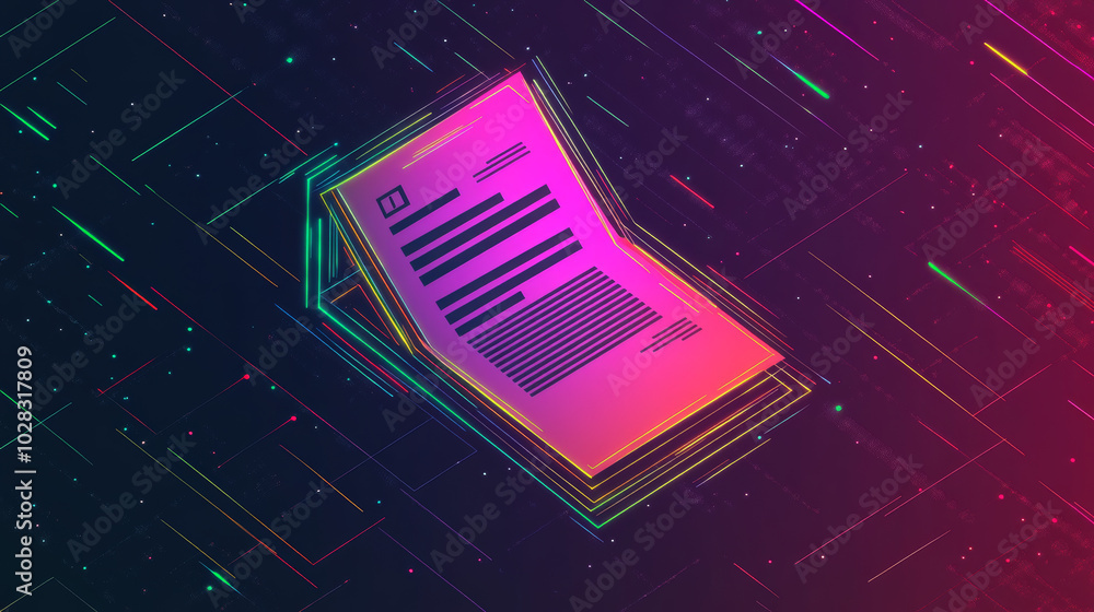 Poster a simple, 80s-style outline of a business document with a glitch effect. this icon looks like a piec