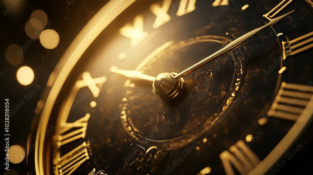 Poster a close up of a gold clock with roman numerals showing the time as 10:30