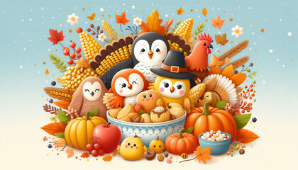 Naklejka premium A cute, festive illustration of owls and other animals celebrating Thanksgiving with seasonal elements like pumpkins, corn, and leaves in a cheerful, whimsical style