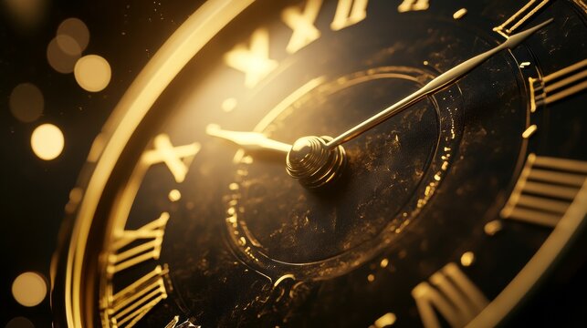 A close up of a gold clock with roman numerals showing the time as 10:30