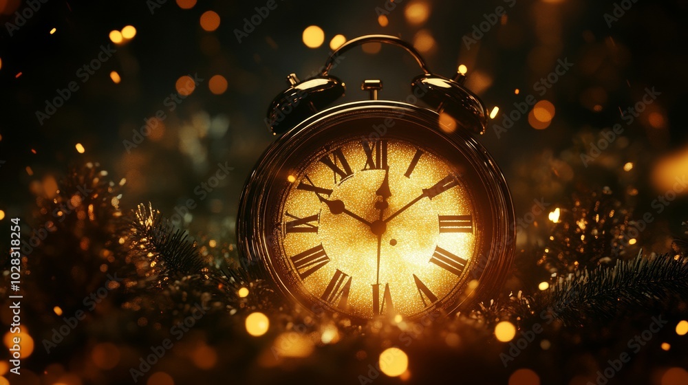 Poster a clock with roman numerals on it is lit up in the dark