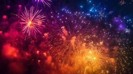 A colorful fireworks display with a lot of red, blue, and yellow sparks