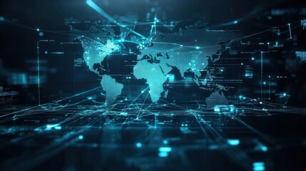 digital world map with global network connections, abstract blue network design representing worldwide communication, technological connectivity, and global reach