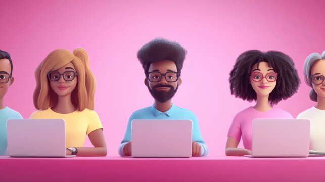 Diverse global customer service team operating with laptops, connected worldwide.