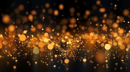Golden particles dance in a magical display   gold sparkle stars burst against a black backdrop, creating a mesmerizing bokeh glitter explosion