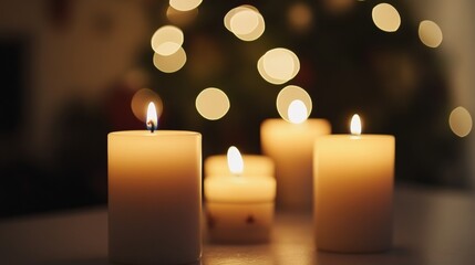 A group of candles are lit and arranged on a table
