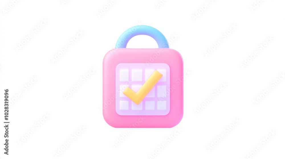 Poster a simple, 80s-style icon of a calendar with a checkmark. it's designed to represent a reminder or sc