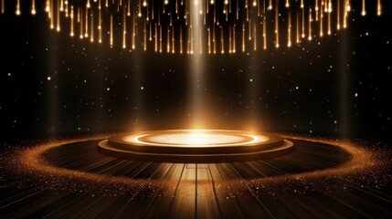 Stage opening golden stage glitter with spotlights and luxury gold light streak. Particle luxury for ceremony background