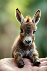Fototapeta premium Cute little donkey in the hands of a child on nature background