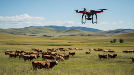 Drone Monitoring Herd on Expansive Cattle Ranch Landscape