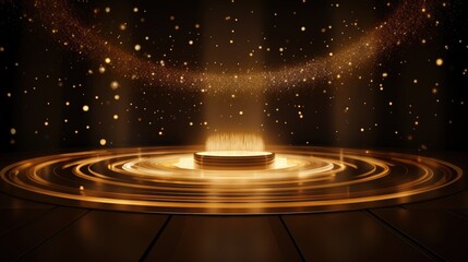 Stage opening golden stage glitter with spotlights and luxury gold light streak. Particle luxury for ceremony background