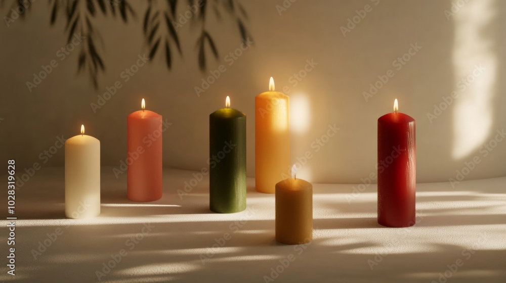 Poster a row of candles of different colors and sizes are lit, creating a warm