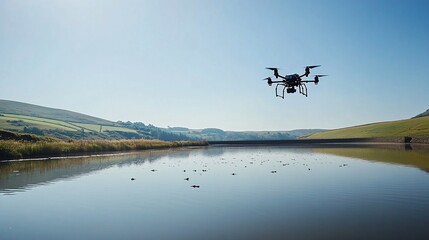 Drone Flying Over Fishery Monitoring Water Conditions