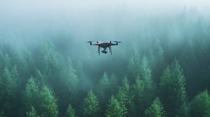 Drone Monitoring Forest Tree Health Amidst Tranquil Misty Landscape