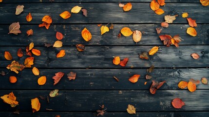 Naklejka premium A wooden table covered in autumn leaves