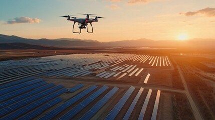 Drone Over Solar Farm During Sunset Inspection of Panels