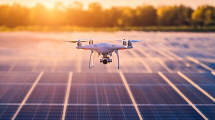 Drone Flying Over Solar Farm for Panel Inspection at Sunrise