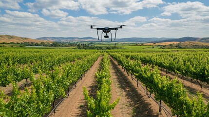 Drone Surveying a Vineyard Under a Bright Blue Sky