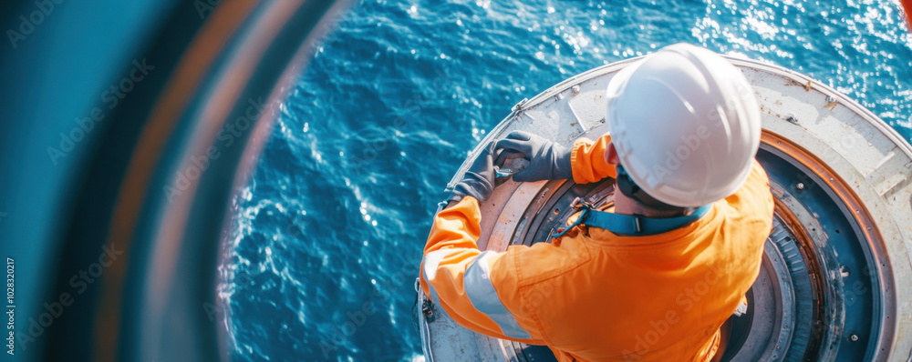 Poster turbomachinery engineer is focused on their work while standing on offshore wind turbine, surrounded