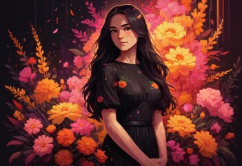 A cartoon illustration of a girl with flowers and colors