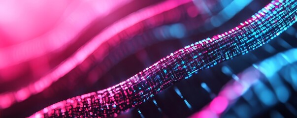 Blockchain disruption, digital threads, holographic neon, cyber-inspired tones