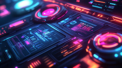 This futuristic design shows a digital interface with holographic elements, charts, and data. It represents modern technology, communication, and innovation.