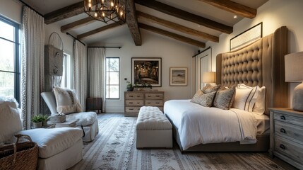 luruxy rural modern farmhouse master bedroom with historic wood beams and features
