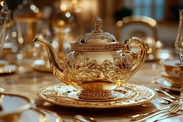 Ornate Golden Teapot on a Decorative Plate