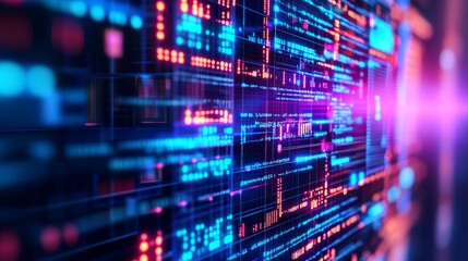 Obraz premium Blockchain disruption, hologram web, vibrant neon tones, futuristic tech scene