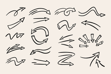 Vector illustration set of simple arrow icons. Handwriting, lines, top and bottom, left and right