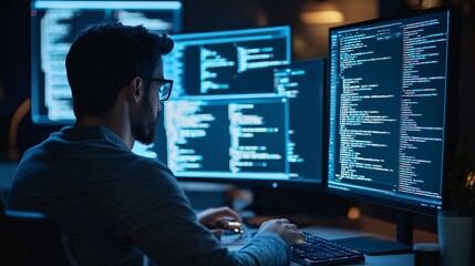 Programmer Analyzing AI Data on Multiple Computer Screens