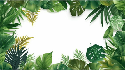 Naklejka premium Watercolor decorative frame. Abstract background. Invitation, advertisement, a serene tropical background with lush green leaves of various shapes and sizes framing a soft watercolor like white space