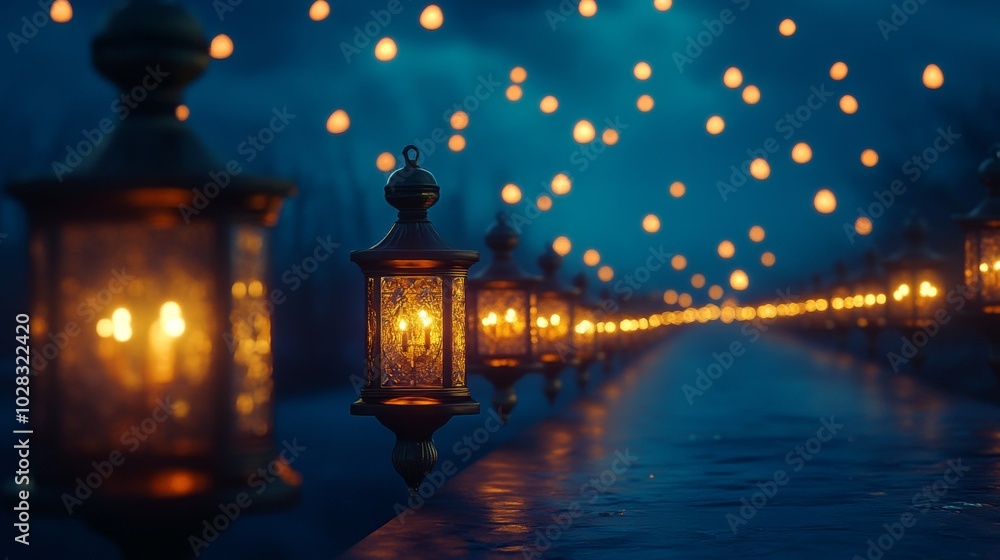 Poster a row of lanterns are lit up in the dark, creating a warm