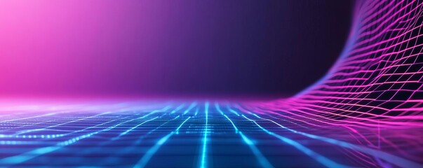 Blockchain disruption, holographic grid, neon tech landscape, vibrant scene