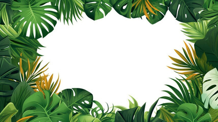 Tropical Rainforest - Lush Greenery with Sunbeams  Top view exotic tropical leaves on a white background