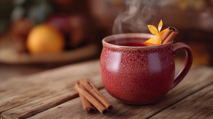 Cup of steaming spiced drink with cinnamon and orange on wooden table for food photography