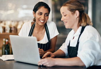 People, laptop and smile in cafe for startup, networking and brainstorming social media post....
