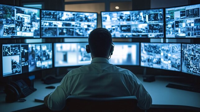 Security Guard Monitoring Surveillance Footage on Multiple Screens