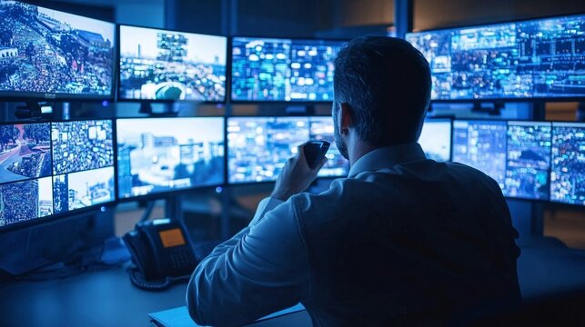 Security Guard Monitoring Surveillance Footage on Multiple Screens